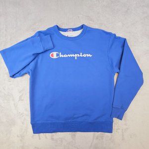 Champion Sweatshirt Men's‎ Large Blue Chest Spellout Logo Pullover Sweater